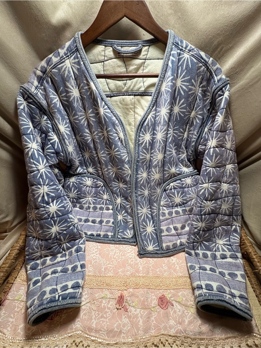 We The Free XS Blue Floral Quilted Open Front Jacket Boho Free People